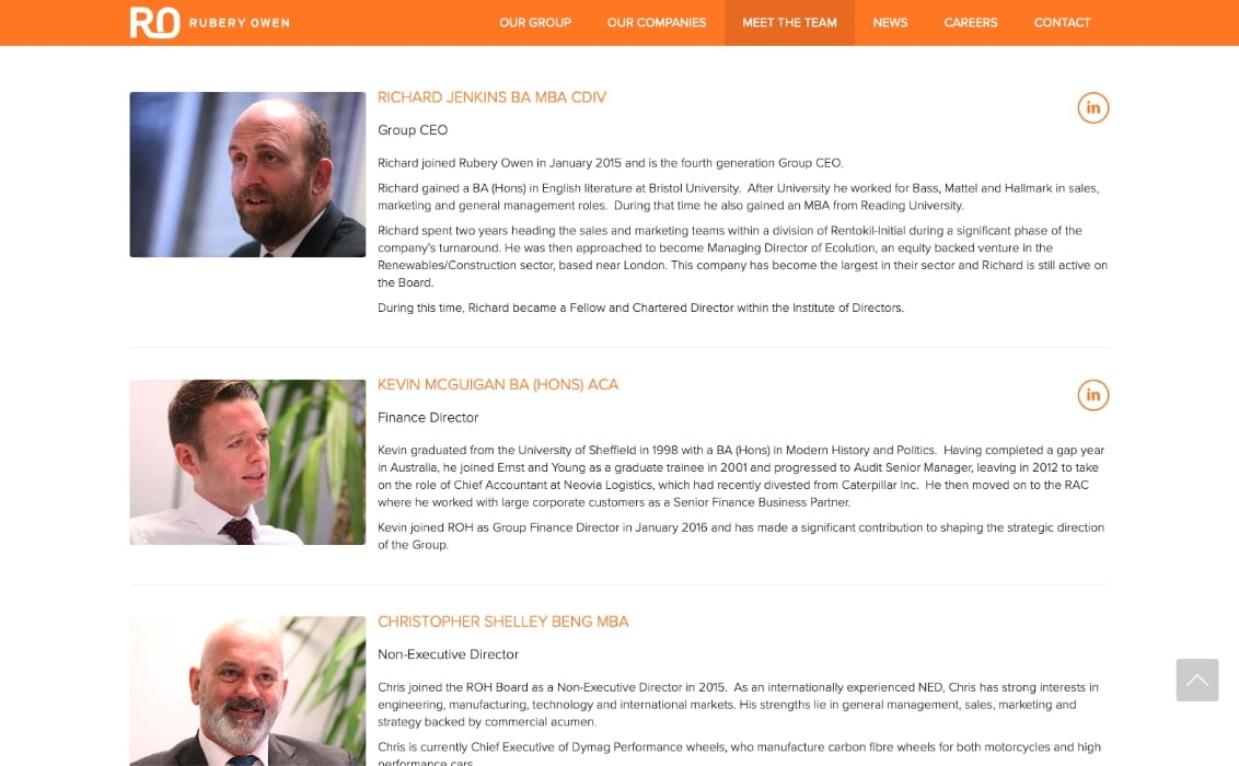 Rubery Owen website desktop design. Meet the team