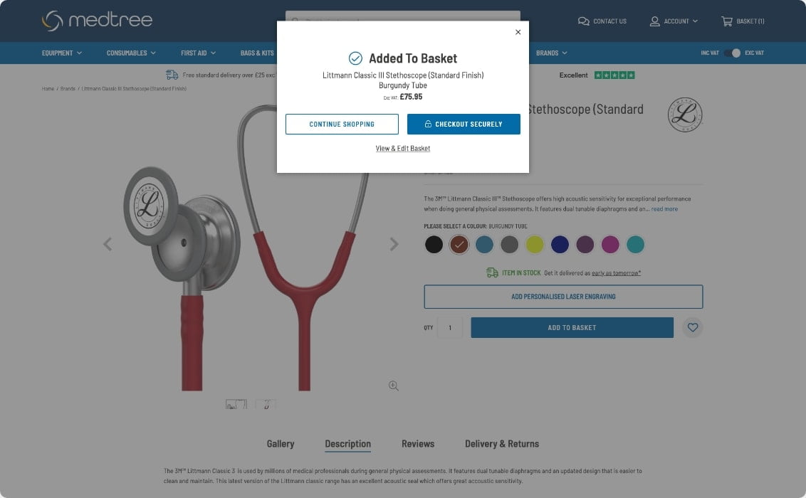 MedTree added to basket pop up notification design