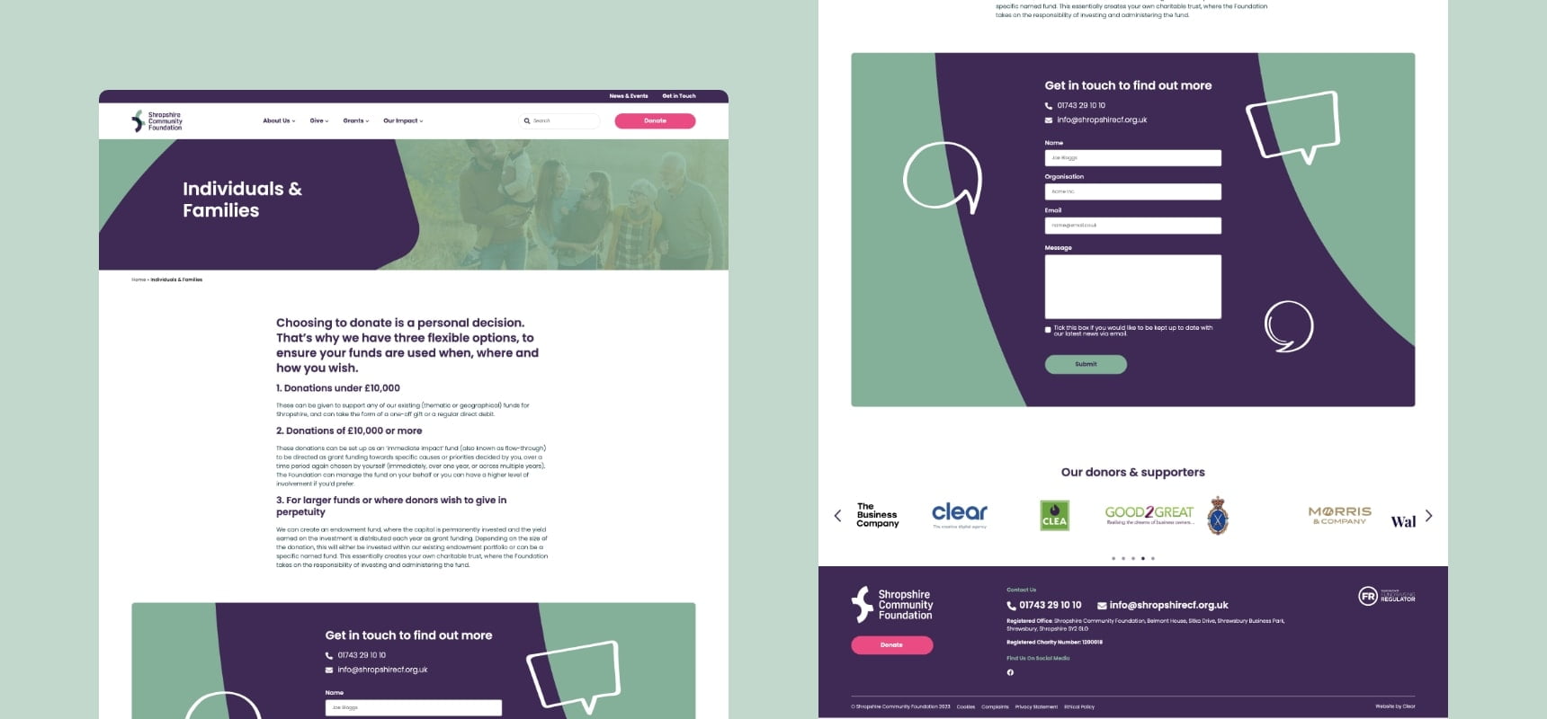 Shropshire Community Foundation desktop internal page with contact form