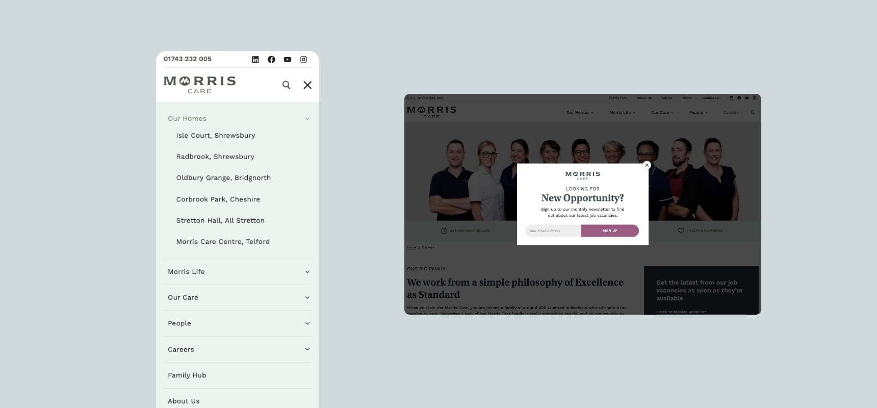 Mobile website design of the menu and a desktop newsletter sign up pop up