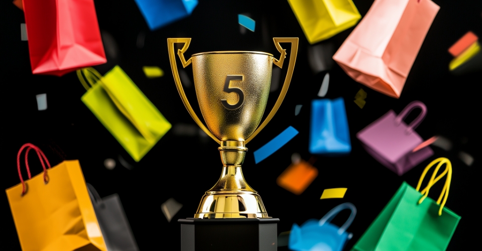 A trophy with the number five on it, on a black background surrounded by colourful shopping bags.
