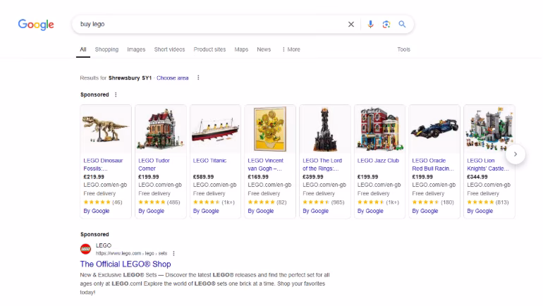 A screenshot of a Google search for 'buy Lego' showing shopping results.