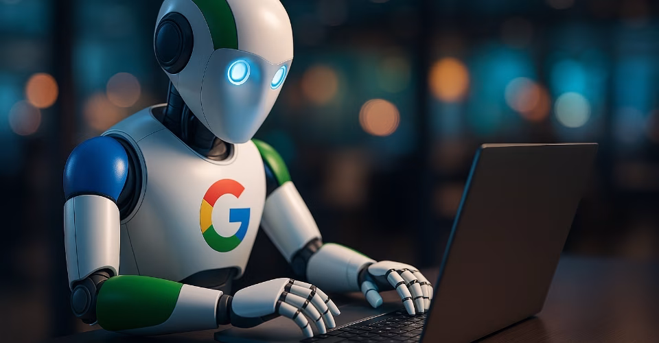 A robot with a Google logo on it's chest typing on a laptop